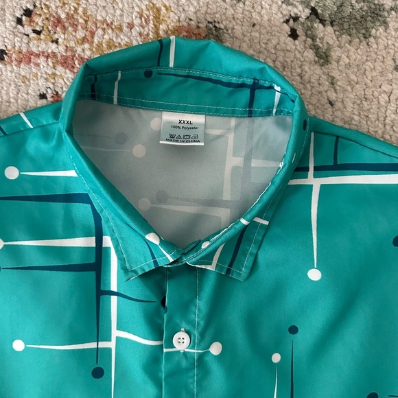 Teal Geometric Men's Button Down Short Sleeve Beach Summer Shirt - Picture 11 of 11